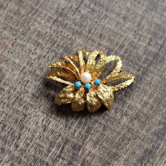 80s Abstract Floral Brooch | Faux Pearl + Turquoi… - image 4
