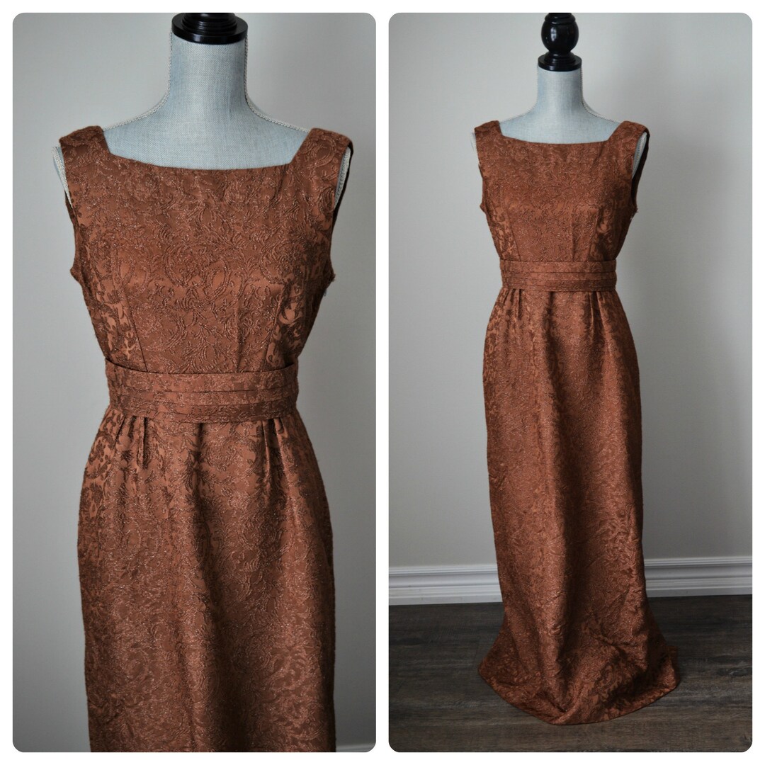 60s Rich Chocolate Brown Maxi Dress With Silver Lurex Sparkle Size
