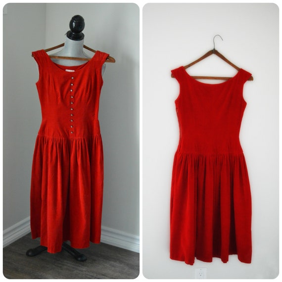 50s Red Velvet Dress | Crimson Red Circle Skirt |… - image 3