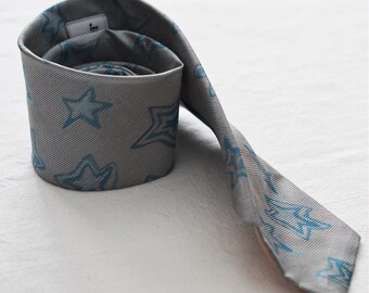 Skinny Silk Necktie with Stars | Tie by St. Leger in Silver and Teal | NOS, New with Tags, Never Worn, Gift for Him, Groom, NYE, Wedding