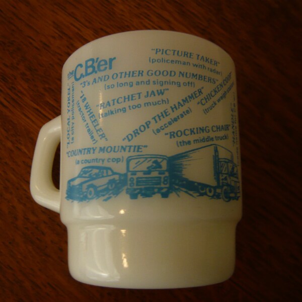 VIntage FIRE KING C.B.'er Language  Stacking Mug in Hard to Find Blue and White  1970s