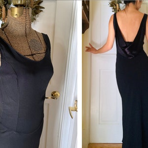 30s style dramatic cowl back black dress