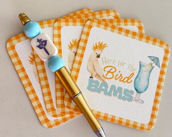 Mahjong Gift Set – Handmade Pen and “Here for Bird Bams” Coasters