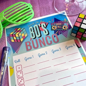 Ensemble de cartes de score Bunco thème des années 80, téléchargement instantané imprimable - 3 jeux, feuilles de score Bunco des années 80