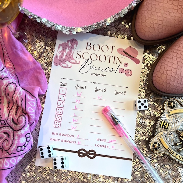 Boot Scootin' Bunco Scorecards - Cowgirl, Western theme bunco cards - printable instant download