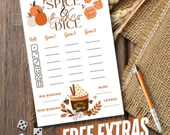 Könnte beinhalten: Ein weißer Bunco-Spielbogen aus Papier mit orangefarbenen Kürbisillustrationen, Würfelgrafiken und dem Text Pumpkin Spice & Bunco Dice. Der Bogen enthält Spalten für drei Spiele sowie einen Bereich für Gewinne und Verluste und eine Latte-Grafik.
