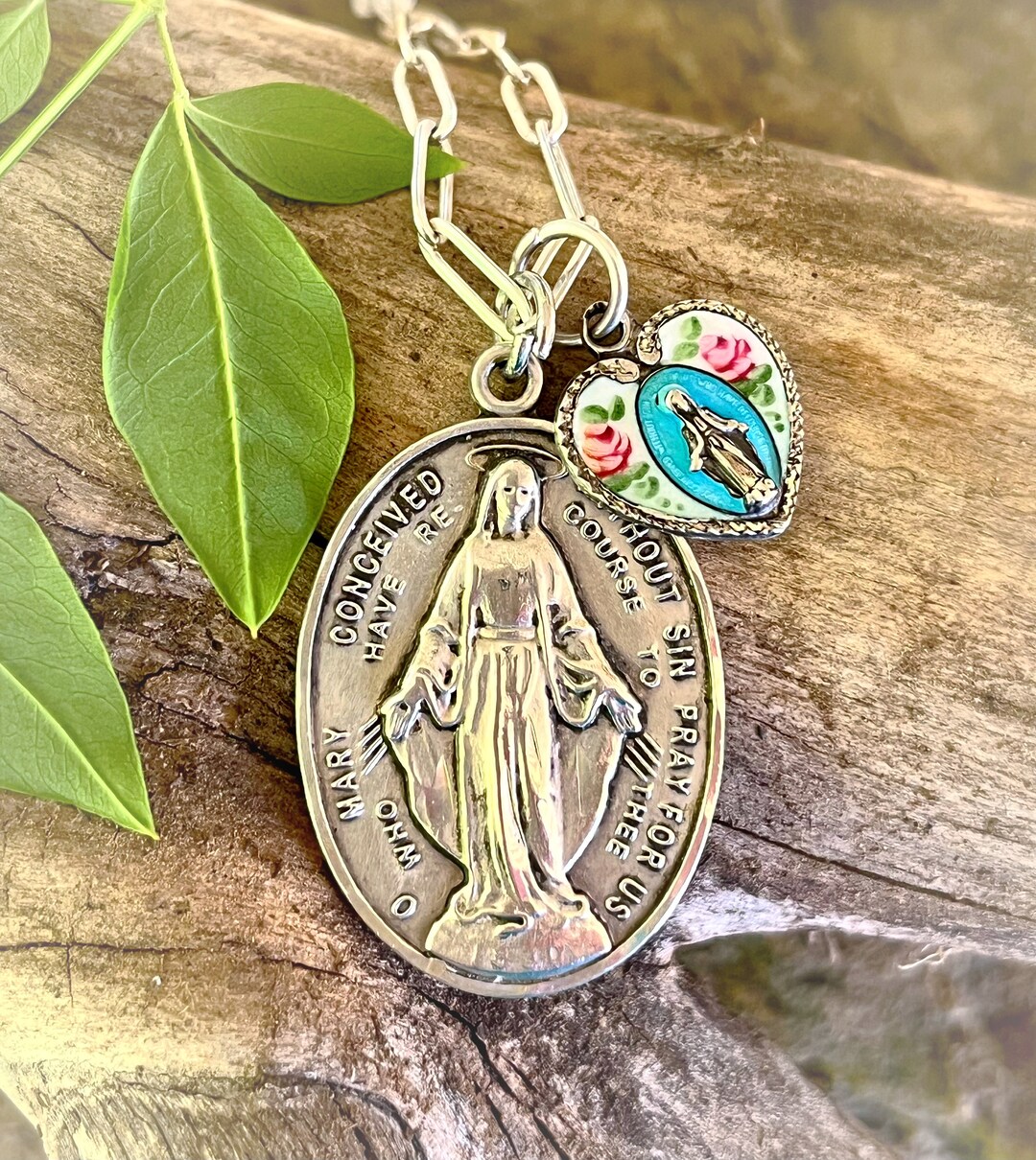 Large Miraculous Medal Pendant - 1.75" Silver Oxidized With Blue Enamel - Made In Italy