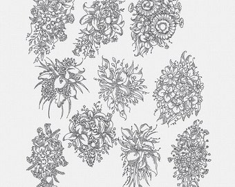 Machine Embroidery Design Bouquets of Flowers Set of 10 designs ~ Red Work ~ Blue Work - Black Work - Instant Download