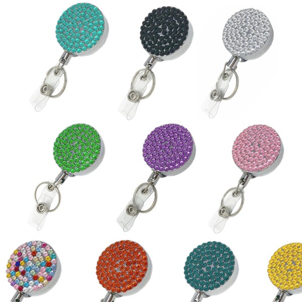 Bling Crystal Heavy Duty Metal Retractable Badge Reel Holder Steel Cord with Belt Clip key ring