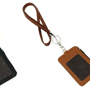 Leather Necklace Lanyard and Vertical Wallet Zipper ID Badge with 4 card slots Holder