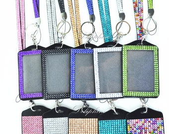 Multi-Colors Both Side Bling Rhinestone Vertical ID Badge Holder with Necklace LANYARDs Key Chain Key Holder