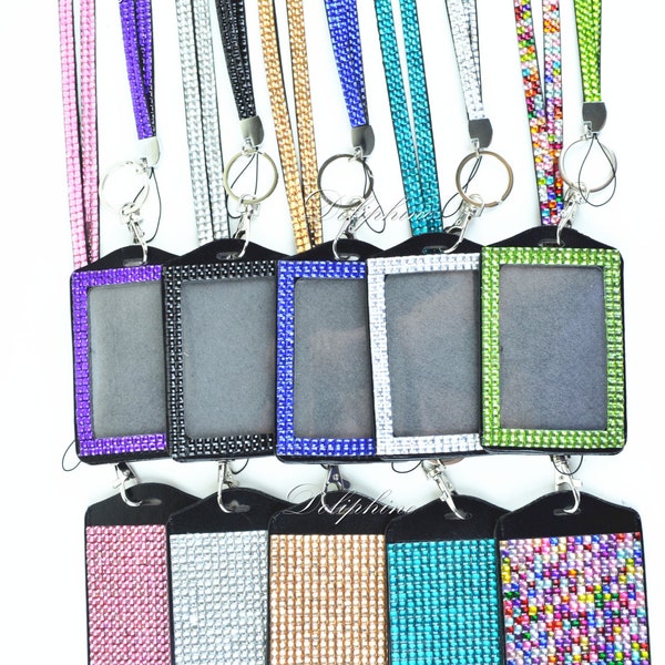 Multi-Colors Both Side Bling Rhinestone Vertical ID Badge Holder with Necklace LANYARDs Key Chain Key Holder