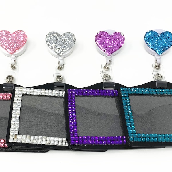 Heart 2 in 1 Full Bling Rhinestone Horizontal ID Badge Holder and Retractable Reel with Belt /Swivel clip