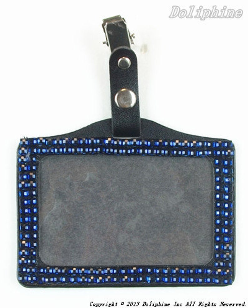 Colored Bling Rhinestone Horizontal ID Badge Holder with Metal Alligator Clip Dark Blue