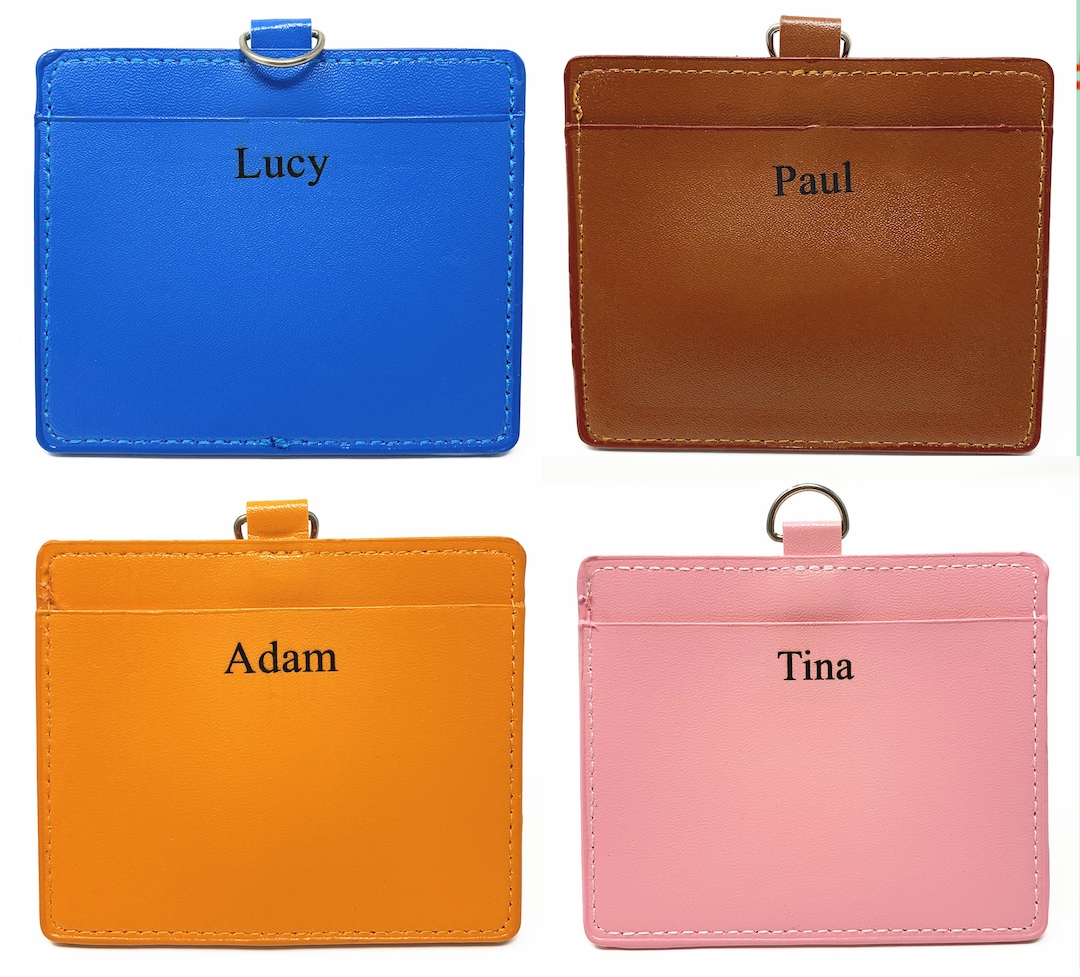 Horizontal 4 Layers Leather ID Badge Holder With Card Slot Free Personalized Custom Monogrammed