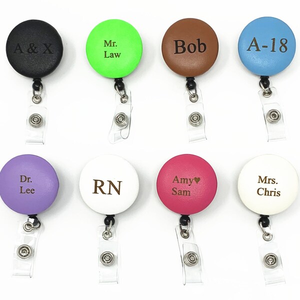 Leather ID Retractable Reel Badge Holder with Monogrammed Personalized Custom (Swivel Clip, Belt Clip)