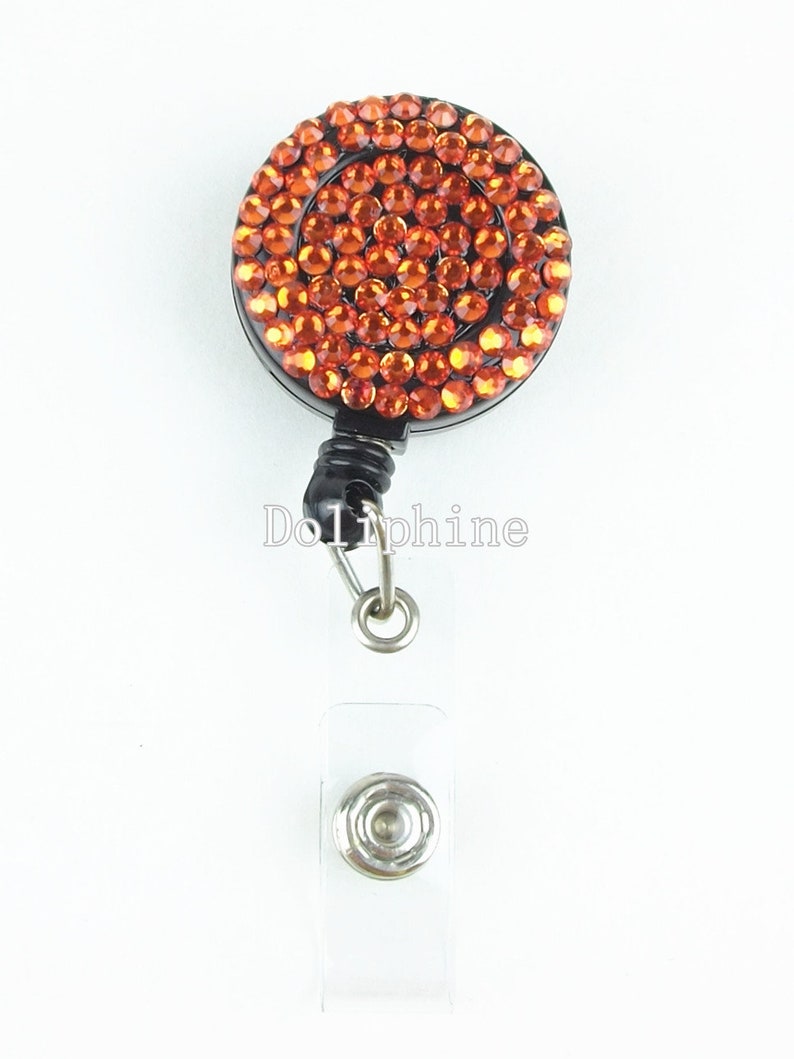 Multi-Colors Rhinestone Badge Reel Retractable ID Badge Holder Belt Clip 17 - Orange