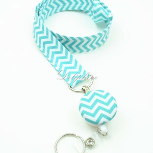 Chevron Lanyard Fabric Lanyard and Retractable ID Badge Reel Holder with Keychain, Personalize / Monogram gift Aqua