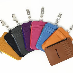 Zipper Leather Vertical ID Badge Holder 4 card slots with Free Personalized Monogram Engraving