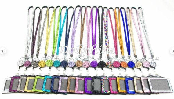 3 in 1 Set Rhinestone Bling Lanyard with Retractable Reel and Horizontal ID Badge Holder
