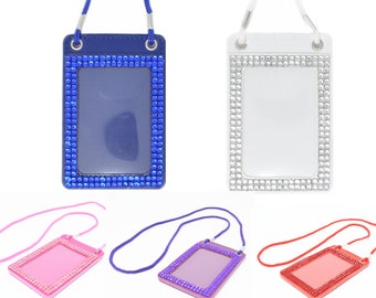 Bling Rhinestone Vertical Photo Name ID Badge Holder with Lanyard (Blue, Clear, Pink, Red and Purple)