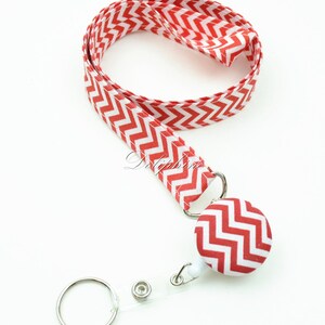 Chevron Lanyard Fabric Lanyard and Retractable ID Badge Reel Holder with Keychain, Personalize / Monogram gift Red