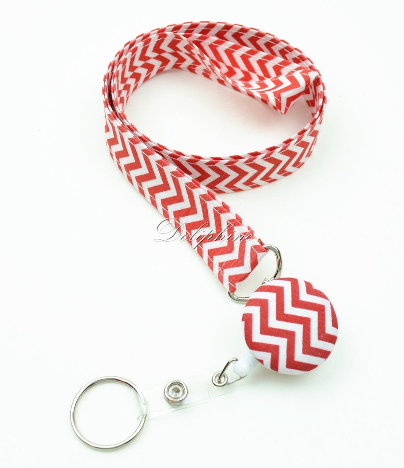 Chevron Lanyard Fabric Lanyard and Retractable ID Badge Reel Holder with Keychain, Personalize / Monogram gift Red