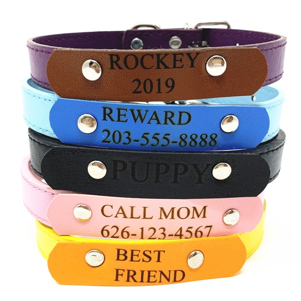 Leather Dog Collar Neck Strap with Personalized Custom Name Tag for L M S Pet Dog Puppy Cat Kitten