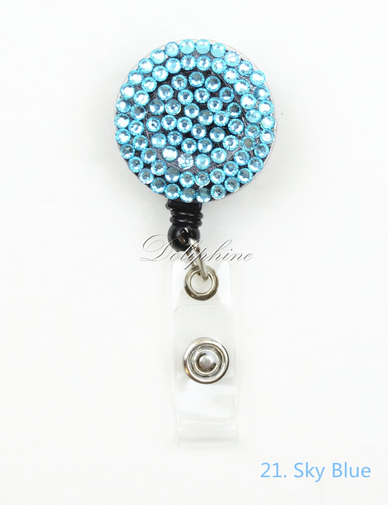 Multi-Colors Rhinestone Badge Reel Retractable ID Badge Holder Belt Clip 21 - Sky Blue