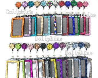 2 in 1 Multi Color Bling Rhinestone Retractable Reel and Vertical ID Badge Holder