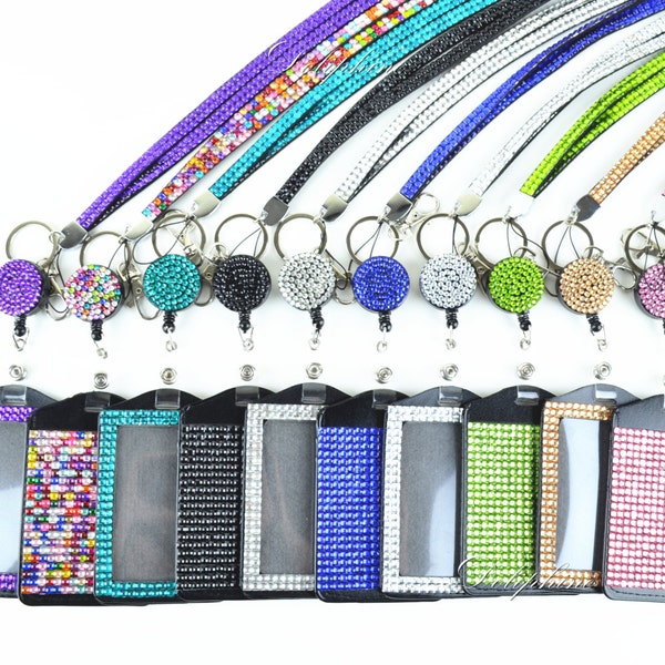 Multi-Colors Full Rhinestone LANYARD, Retractable Reel and Both Side Rhinestone Vertical ID Badge Holder