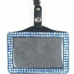 Colored Bling Rhinestone Horizontal ID Badge Holder with Metal Alligator Clip Light Blue