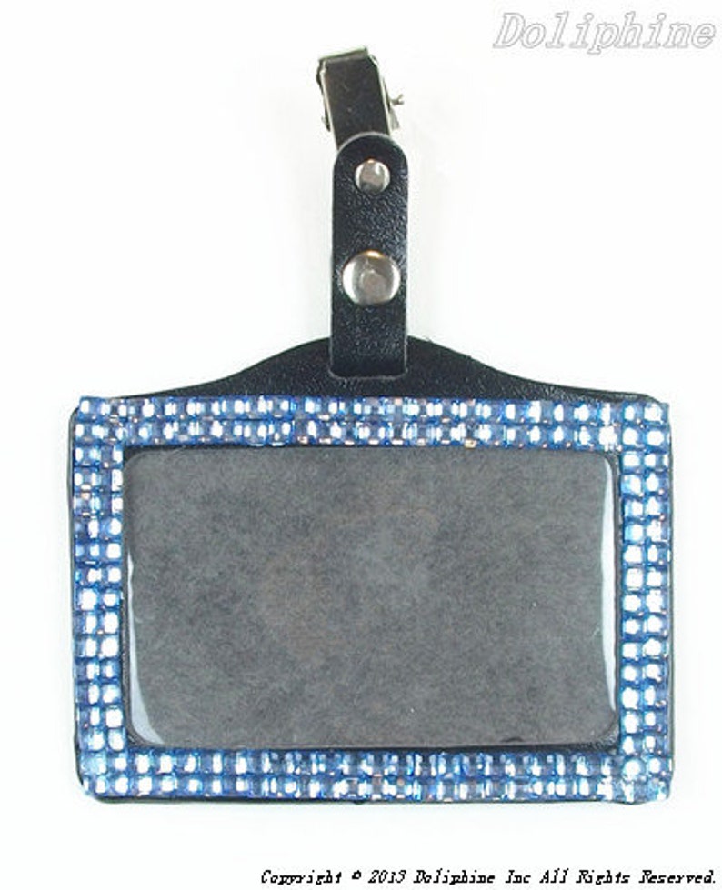 Colored Bling Rhinestone Horizontal ID Badge Holder with Metal Alligator Clip Light Blue