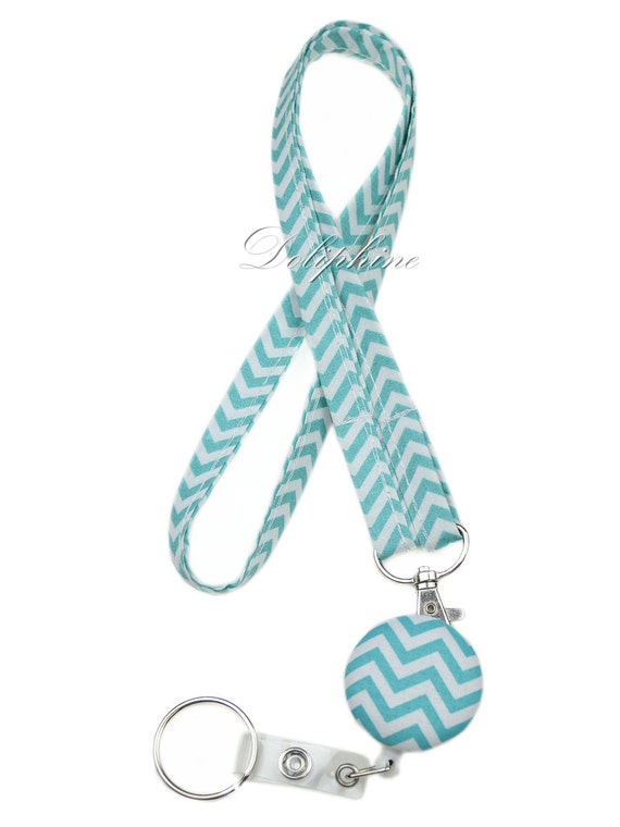 Aqua and White Chevron Lanyard and Retractable Badge Reel With Key Ring 