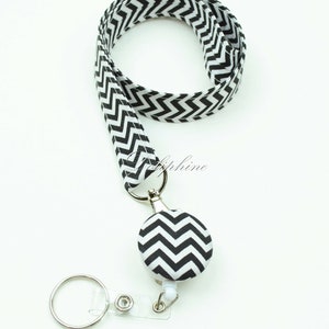 Chevron Lanyard Fabric Lanyard and Retractable ID Badge Reel Holder with Keychain, Personalize / Monogram gift Black