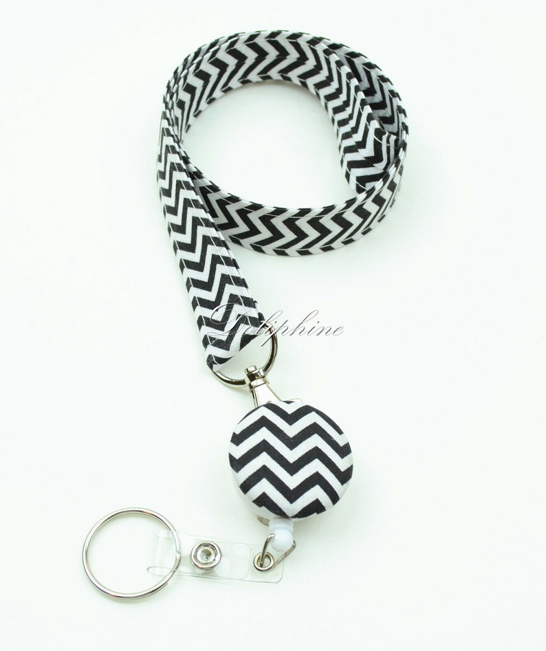 Chevron Lanyard Fabric Lanyard and Retractable ID Badge Reel Holder with Keychain, Personalize / Monogram gift Black
