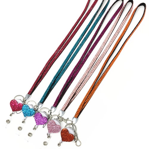 Doliphine Glitter Love Heart Retractable Badge Reel & Bling Lanyard With ID Holder