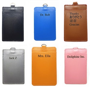 Leather Vertical ID Badge Holder with card slot free Personalized Custom Monogrammed