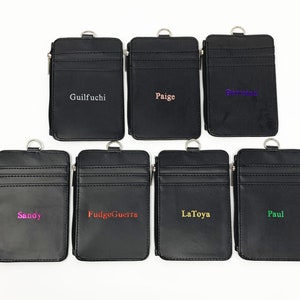 Pocket Wallet zipper Vertical PU Leather ID Badge Holder with Free Personalized Monogram Engraving Printed on the back