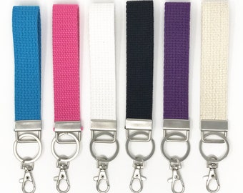 Heavy Cotton Webbing Wristlet Key Fob with silver split ring, swivel clip