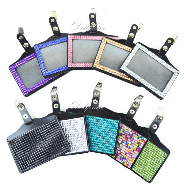 Multi-Colors Full Bling Rhinestone Horizontal PU Leather ID Badge Holder with Lobster Claw