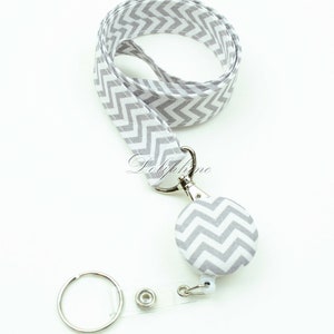 Chevron Lanyard Fabric Lanyard and Retractable ID Badge Reel Holder with Keychain, Personalize / Monogram gift Gray