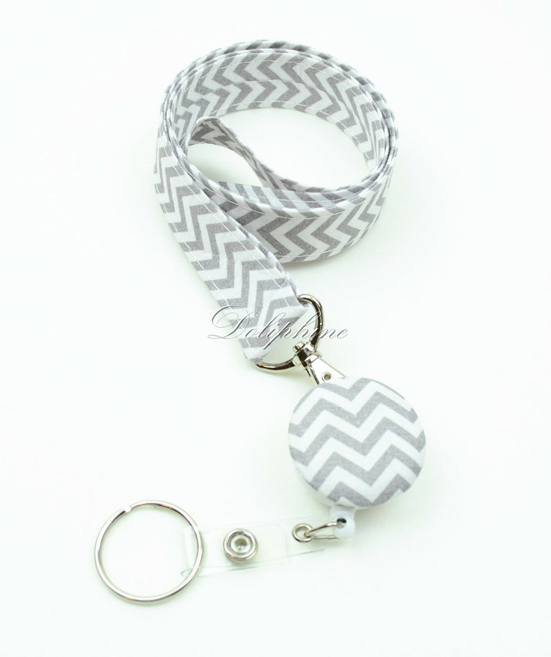 Chevron Lanyard Fabric Lanyard and Retractable ID Badge Reel Holder with Keychain, Personalize / Monogram gift Gray