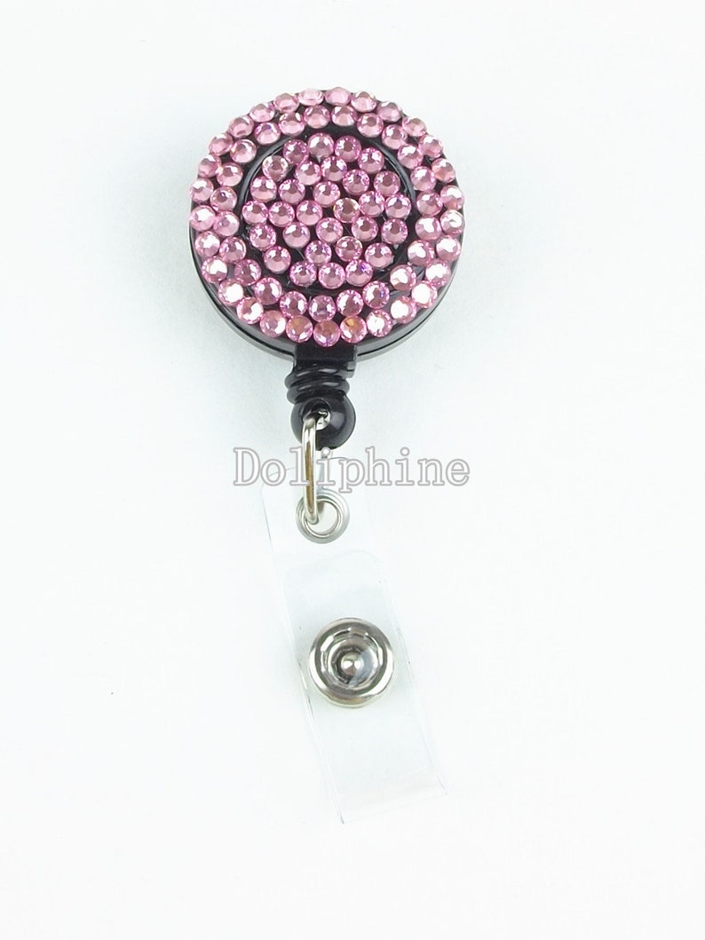 Multi-Colors Rhinestone Badge Reel Retractable ID Badge Holder Belt Clip 11 - Pink