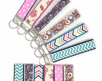 Cotton Fabric Wristlet Key Fob, Mini Key fob with silver split ring