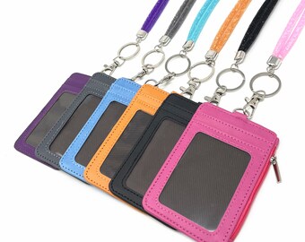 Premium Mesh Crystal Beaded long lanyard and Zipper Leather ID Badge Holder with Personalized Monogram Engraved