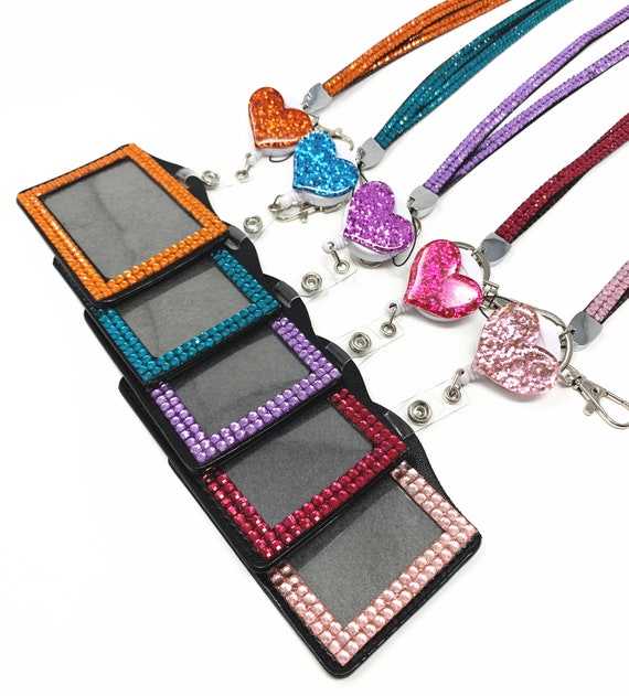 Bling Glitter Heart Retractable Reel swivel Clip with Horizontal ID badge holder