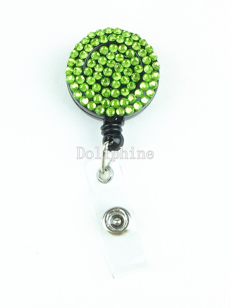 Multi-Colors Rhinestone Badge Reel Retractable ID Badge Holder Belt Clip 7 - Lime Green