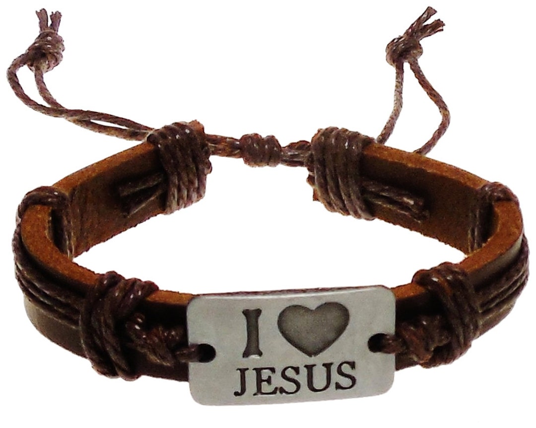 Brown Leather & Brushed Steel I Love Jesus Bracelet Etsy