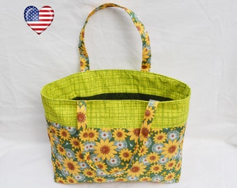 Ladies' Girl's Handmade Quilted Large Sunflower Handbag, Tote, Shoulder Bag, Dark Green Flowered Interior, 100% Cotton Shopper, Yellow, NEW!